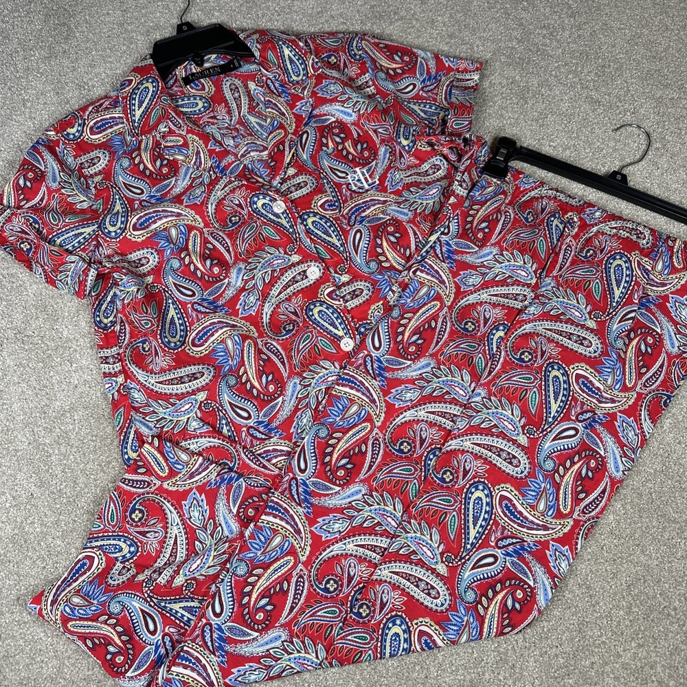 Ralph Lauren LRL Pjs Womens S Red‎ Blue Paisley Soft Capri Pajama Set LOGO NEW